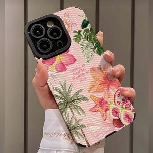 iPhone Phone Case Vertical Stripes Floral Tropical Fruit Print PU Leather